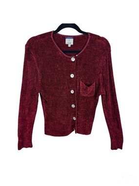 Cousin Johnny Red Black Heather Plush‎ Long Sleeve Button Up Cardigan Size L